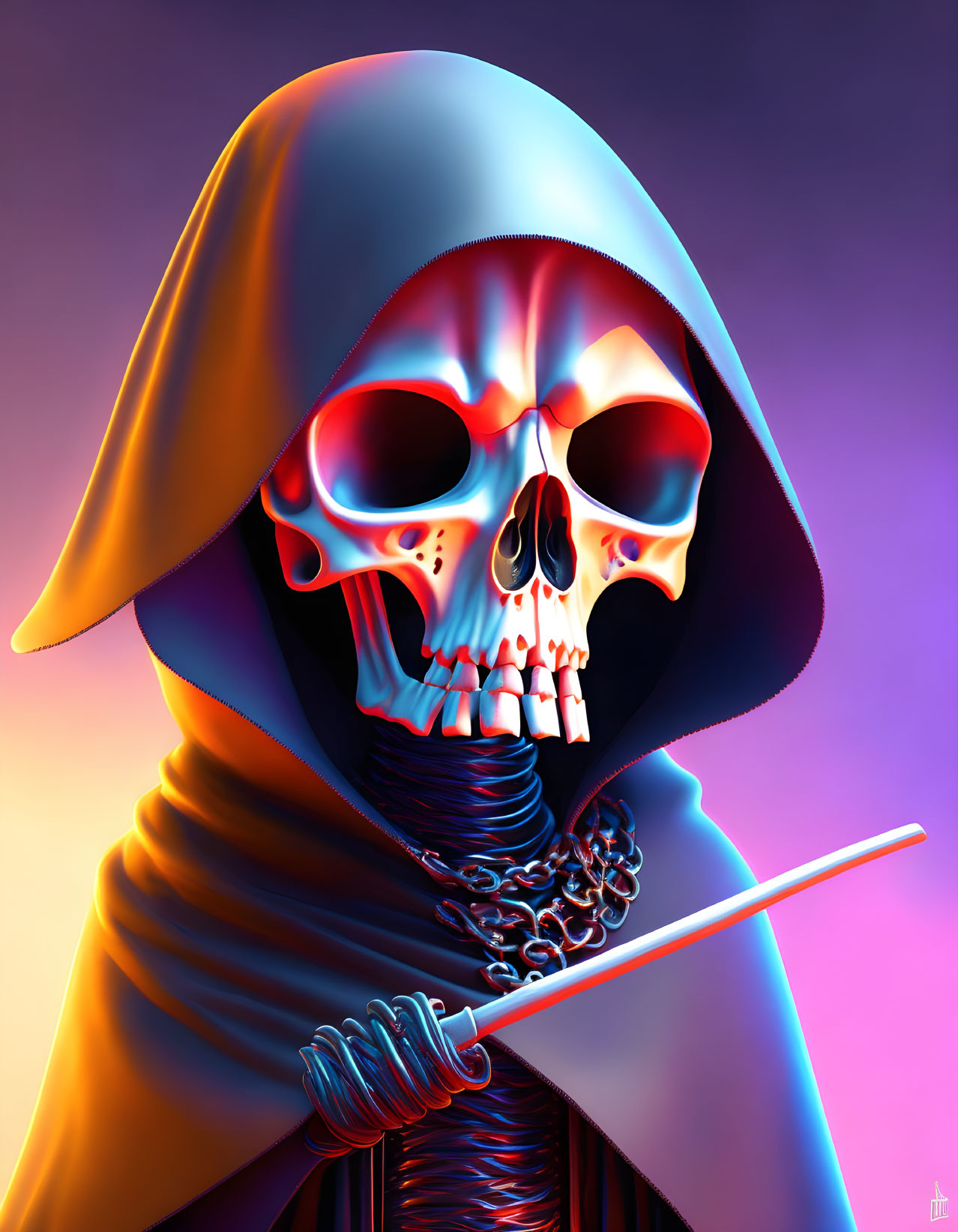 Colorful digital artwork: stylized skull with cloak and sword on purple background