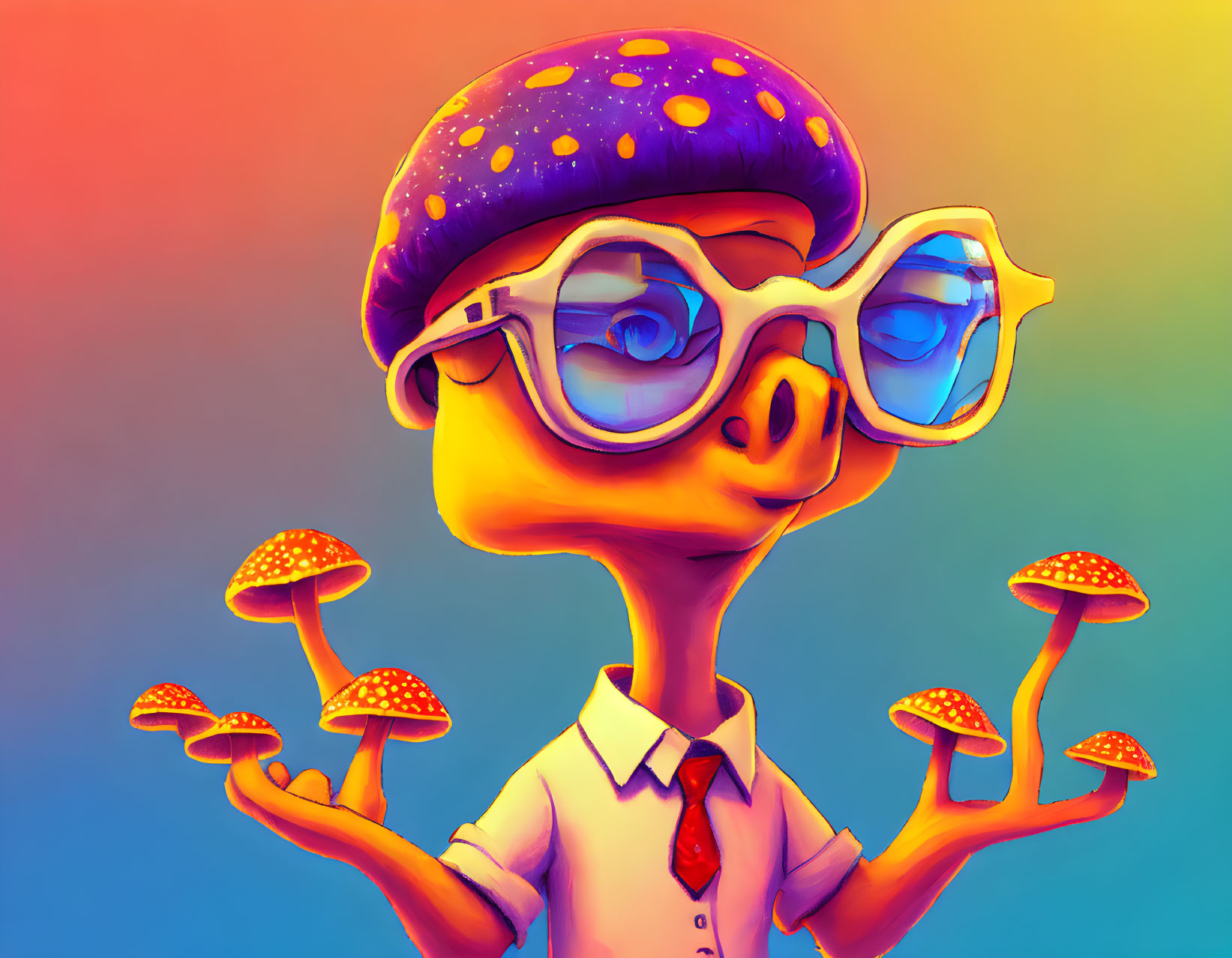 Colorful Stylized Character with Mushroom Cap Hat and Glasses Illustration