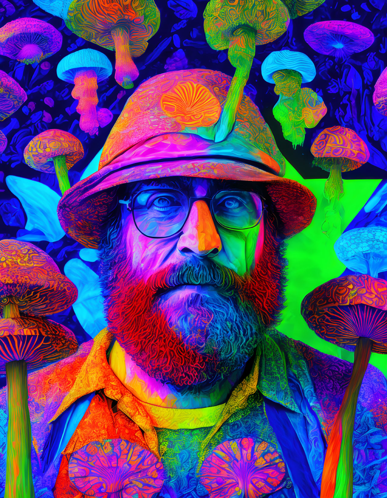 Colorful portrait of bearded man with hat and luminous mushrooms