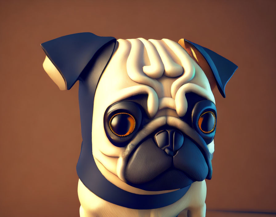 Stylized 3D illustration of a pug with large eyes and facial wrinkles