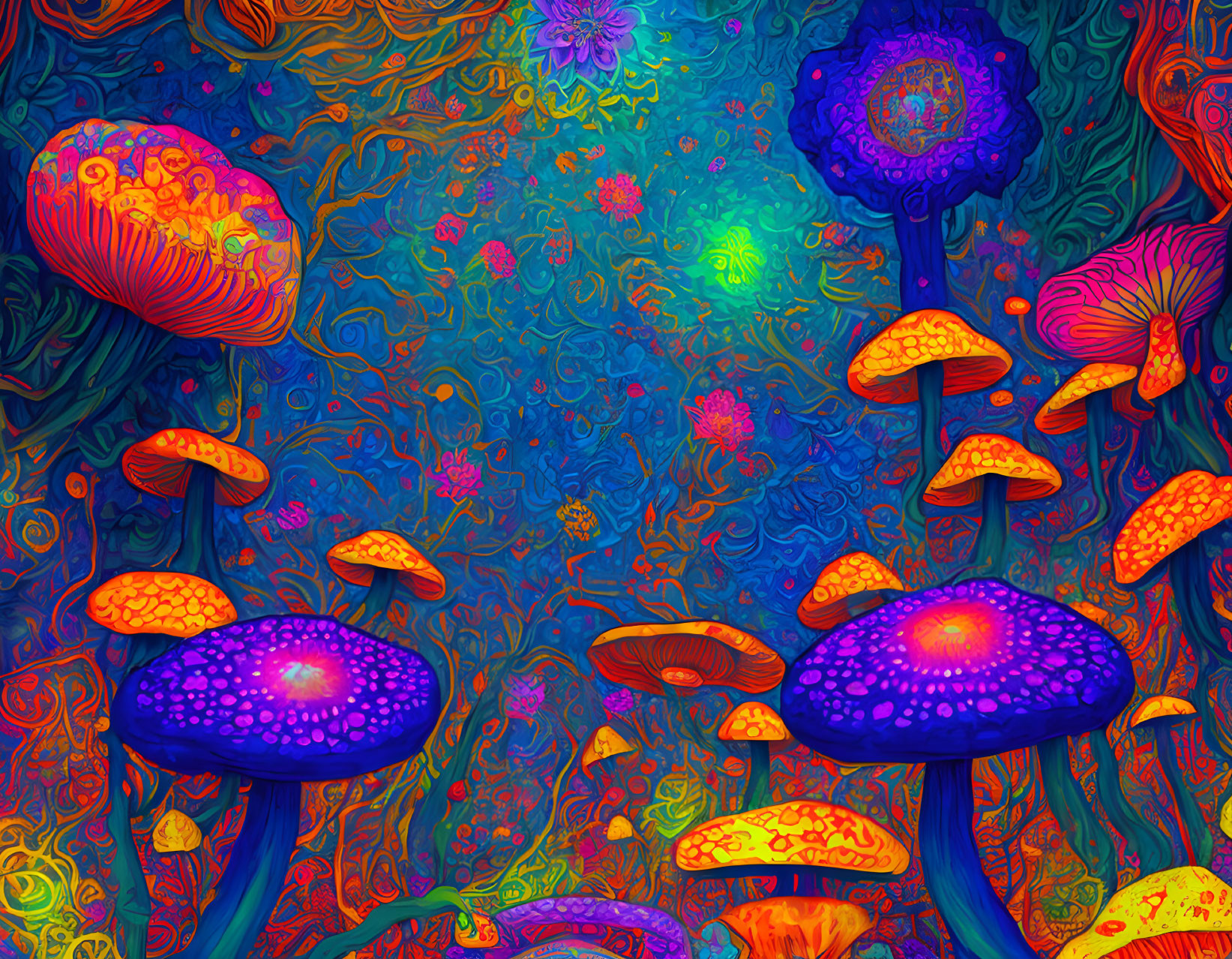 Colorful psychedelic mushroom illustration with intricate patterns