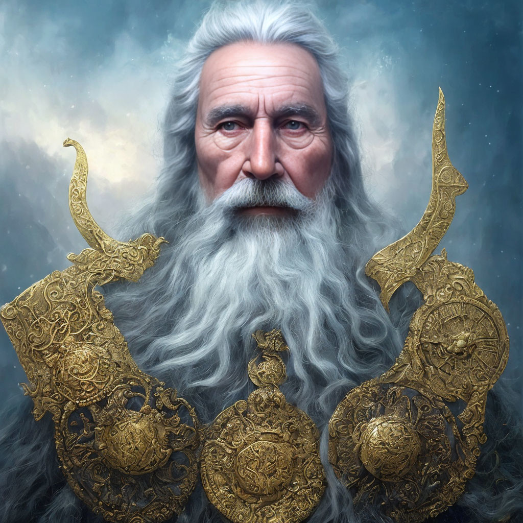 Elderly man in golden armor with white beard on misty blue background