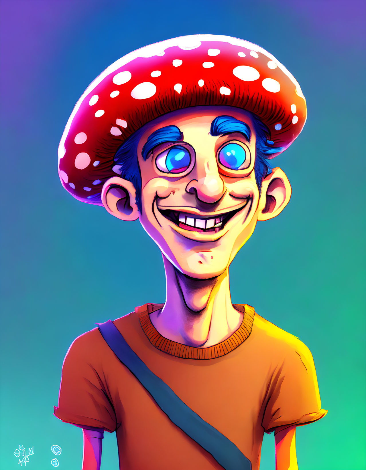 Whimsical character with red mushroom hat in vibrant digital illustration