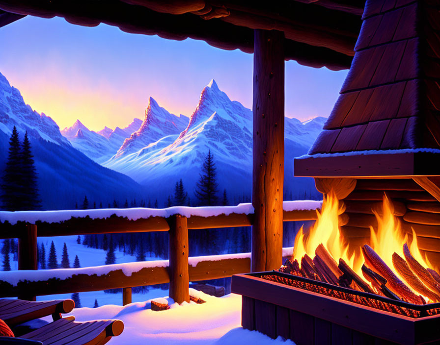 Snowy Evening Outdoor Fireplace with Mountain View