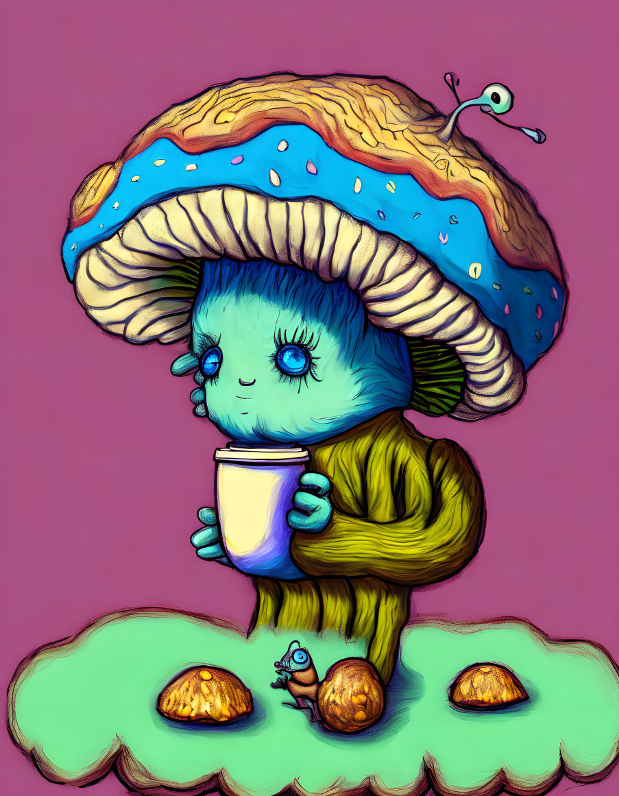 Whimsical blue creature with mushroom cap and snails in playful scene