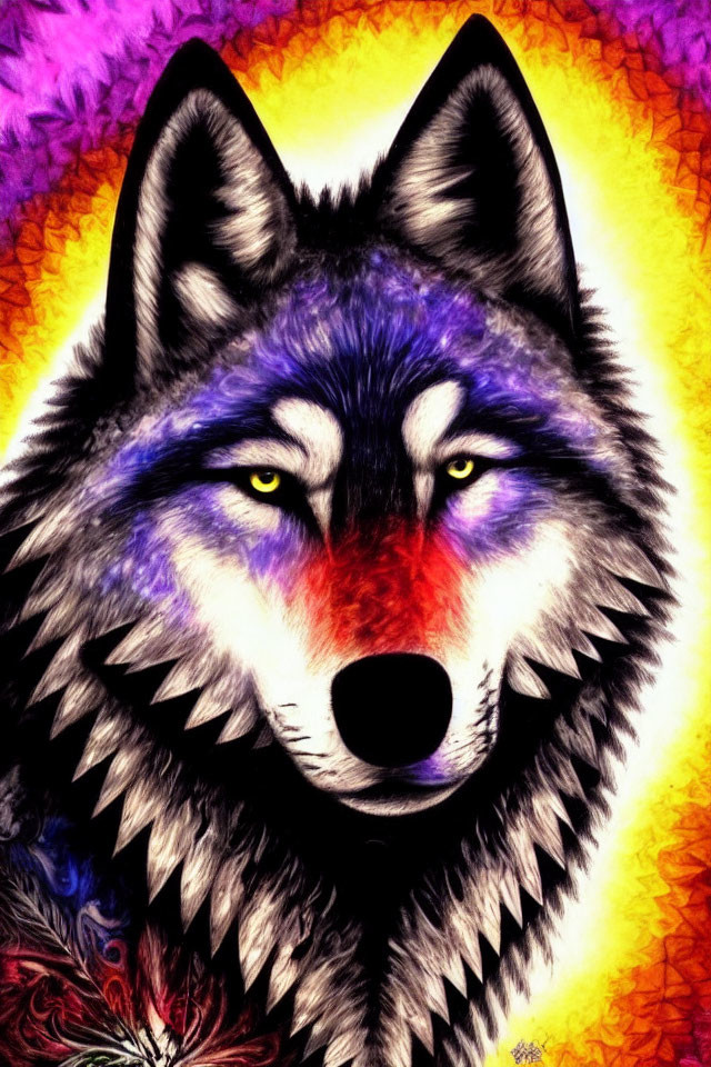 Vibrant digital illustration of intense-eyed wolf in fiery colors