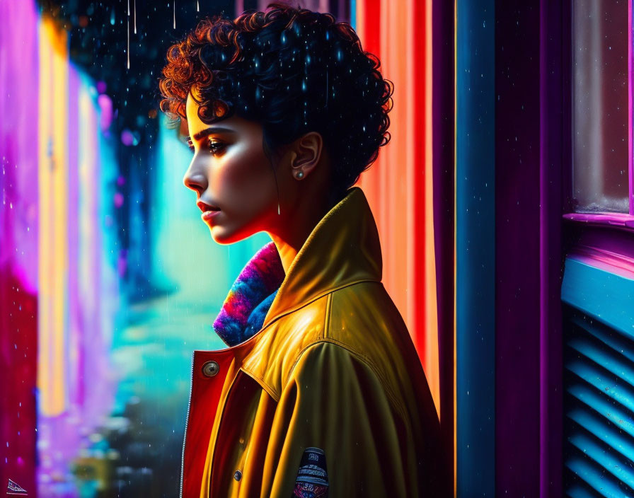 Curly-haired person in yellow jacket against neon-lit rainy backdrop