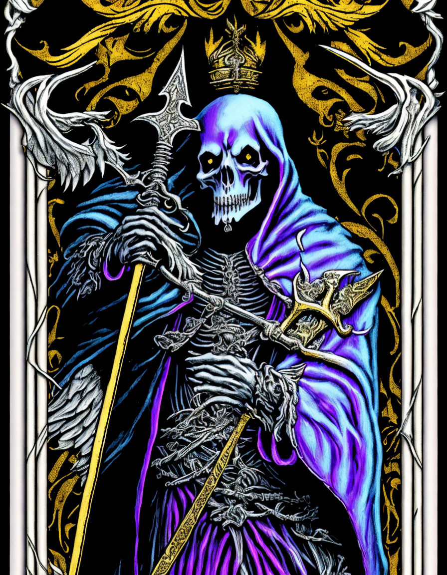 Regal skeletal figure in violet robe wields scythe and scepter on ornate black background