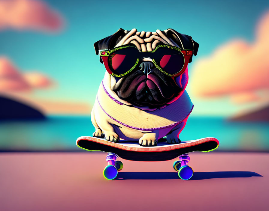 Stylized 3D illustration of pug dog with sunglasses on skateboard at beach