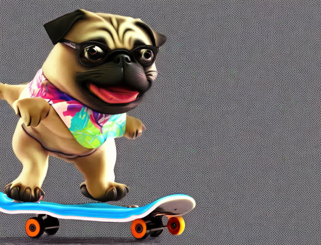 Colorful pug cartoon on skateboard with tie-dye shirt