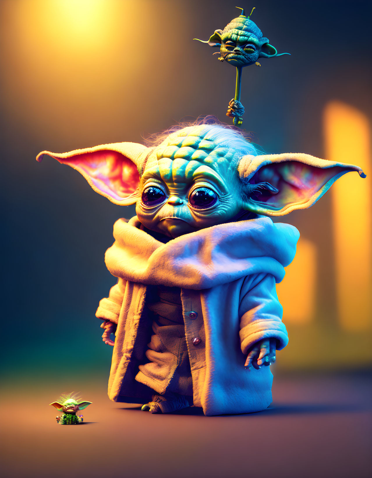 Three Yoda characters in varied sizes against a colorful backdrop with dramatic lighting