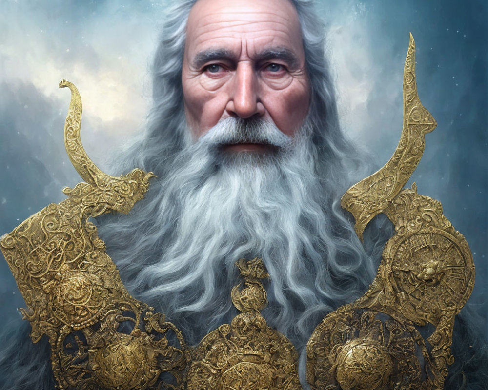 Elderly man in golden armor with white beard on misty blue background