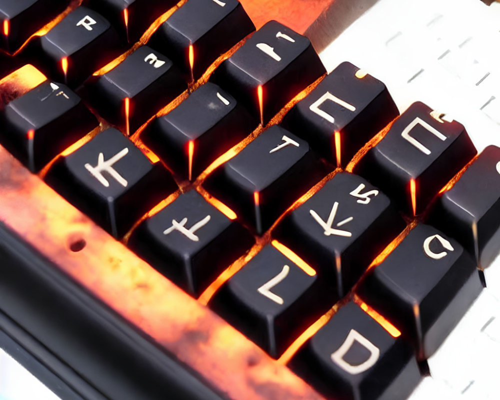 Detailed view of custom backlit mechanical keyboard with orange-red lights and unique keycap fonts