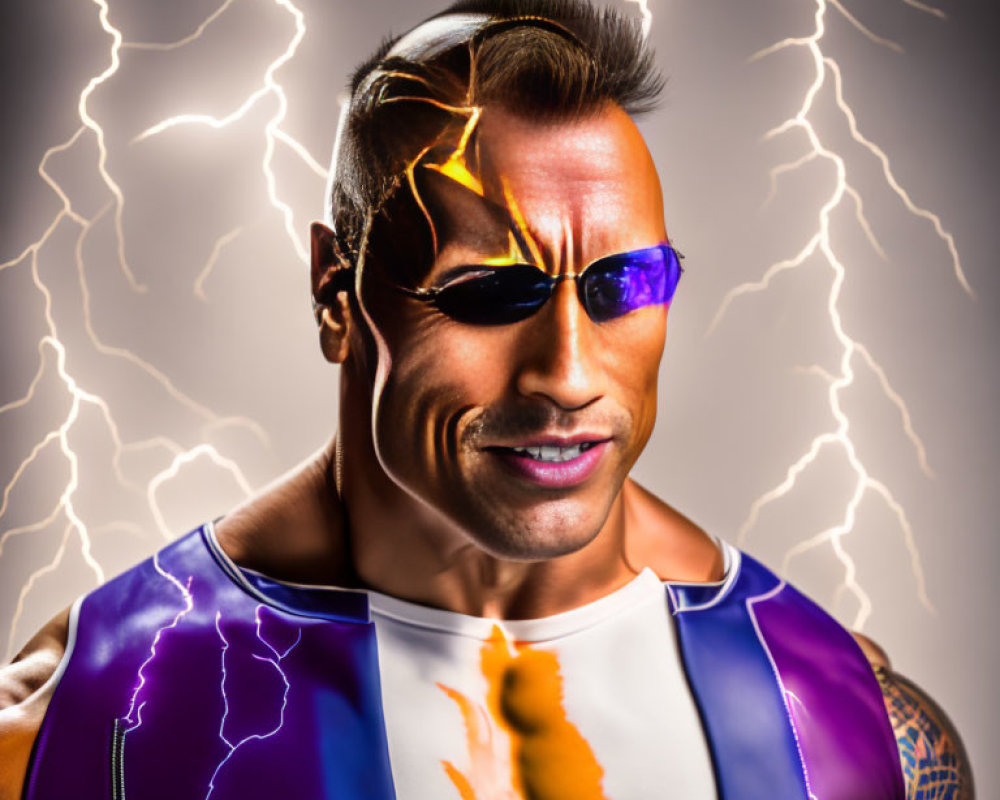 Muscular man in sunglasses with confident smile, wearing blue and violet sleeveless jacket, lightning bolts background