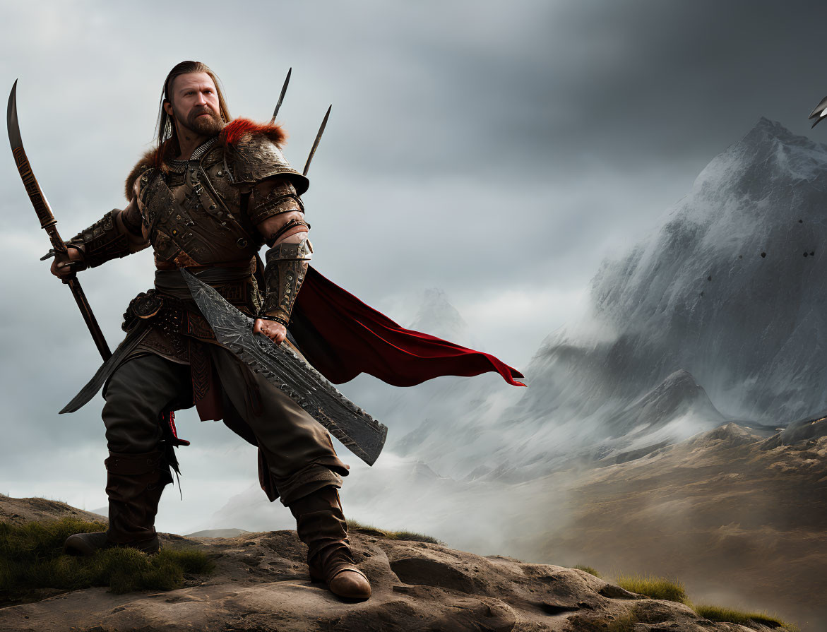 Medieval warrior in armor with sword on misty hillside