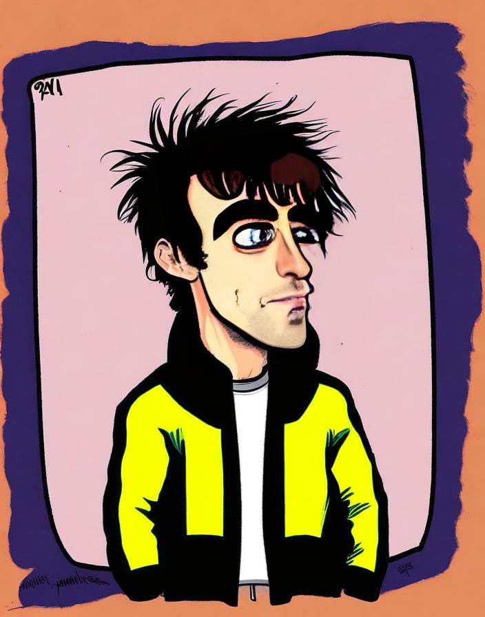Man with Spiky Black Hair in Yellow-Black Jacket on Pink-Purple Background