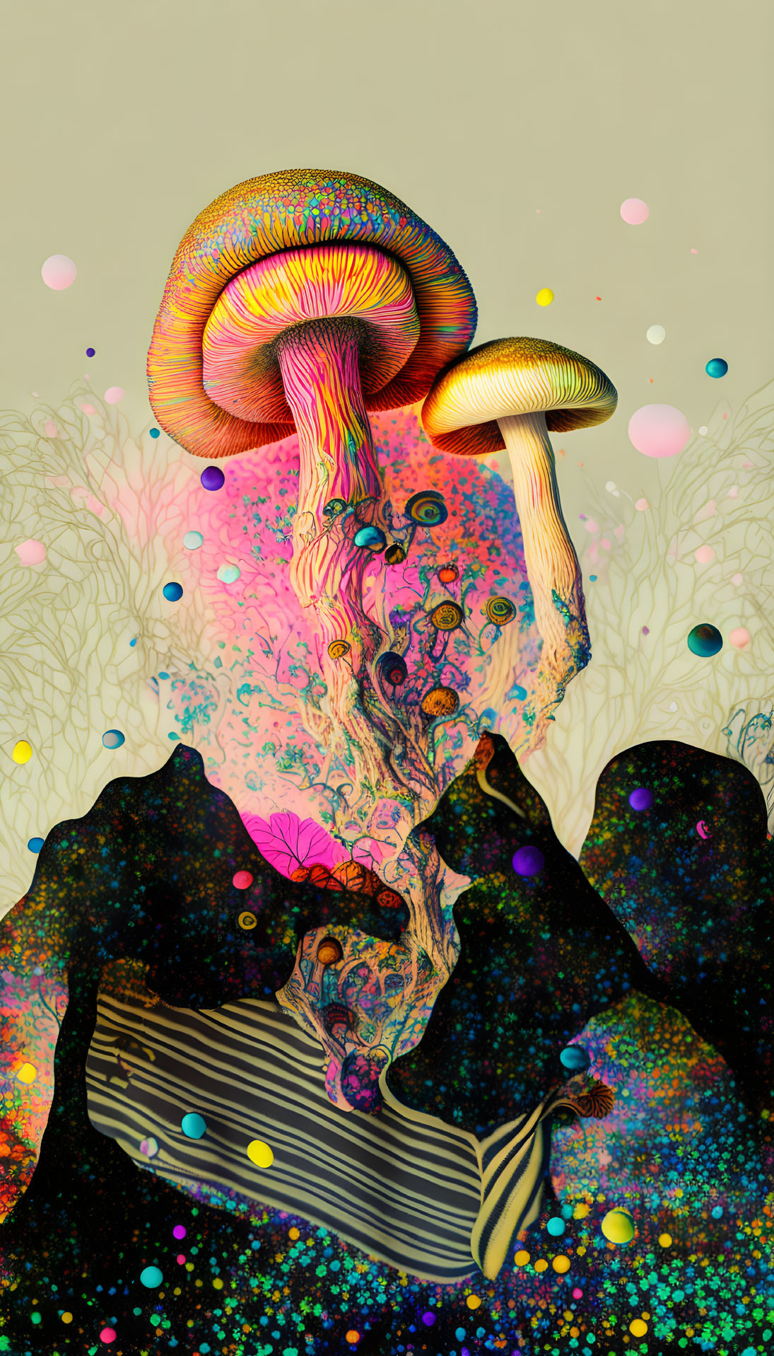 Colorful psychedelic artwork of two mushrooms with intricate patterns and abstract shapes on a muted background