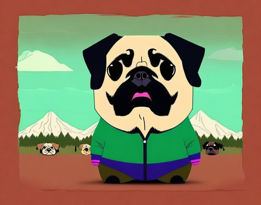 Stunned pug in green jacket with smaller dogs in mountain scene