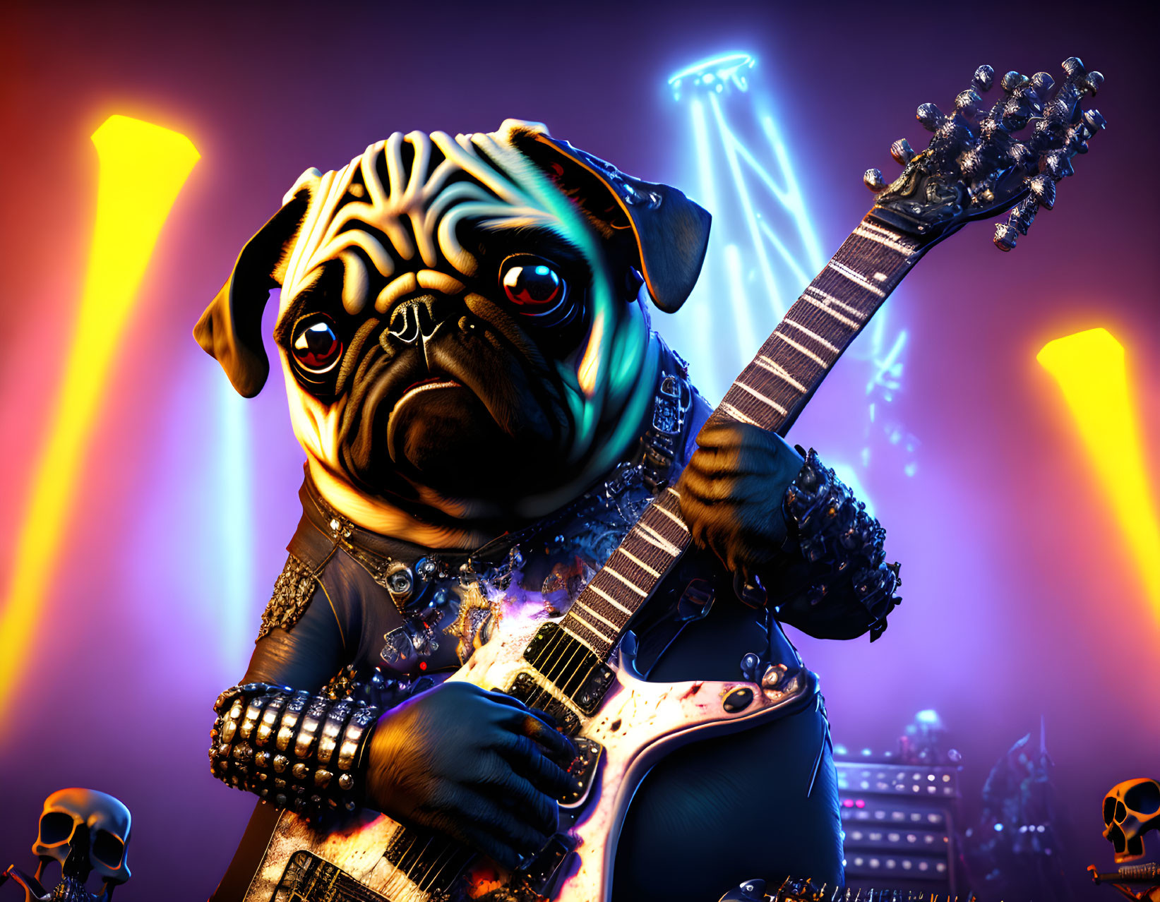 Stylized pug dog with spiked collar playing electric guitar on colorful concert stage.