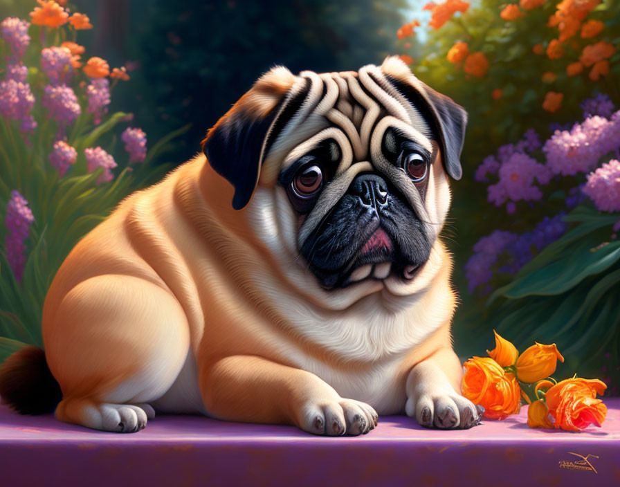 Pug with expressive eyes among orange flowers at sunrise or sunset