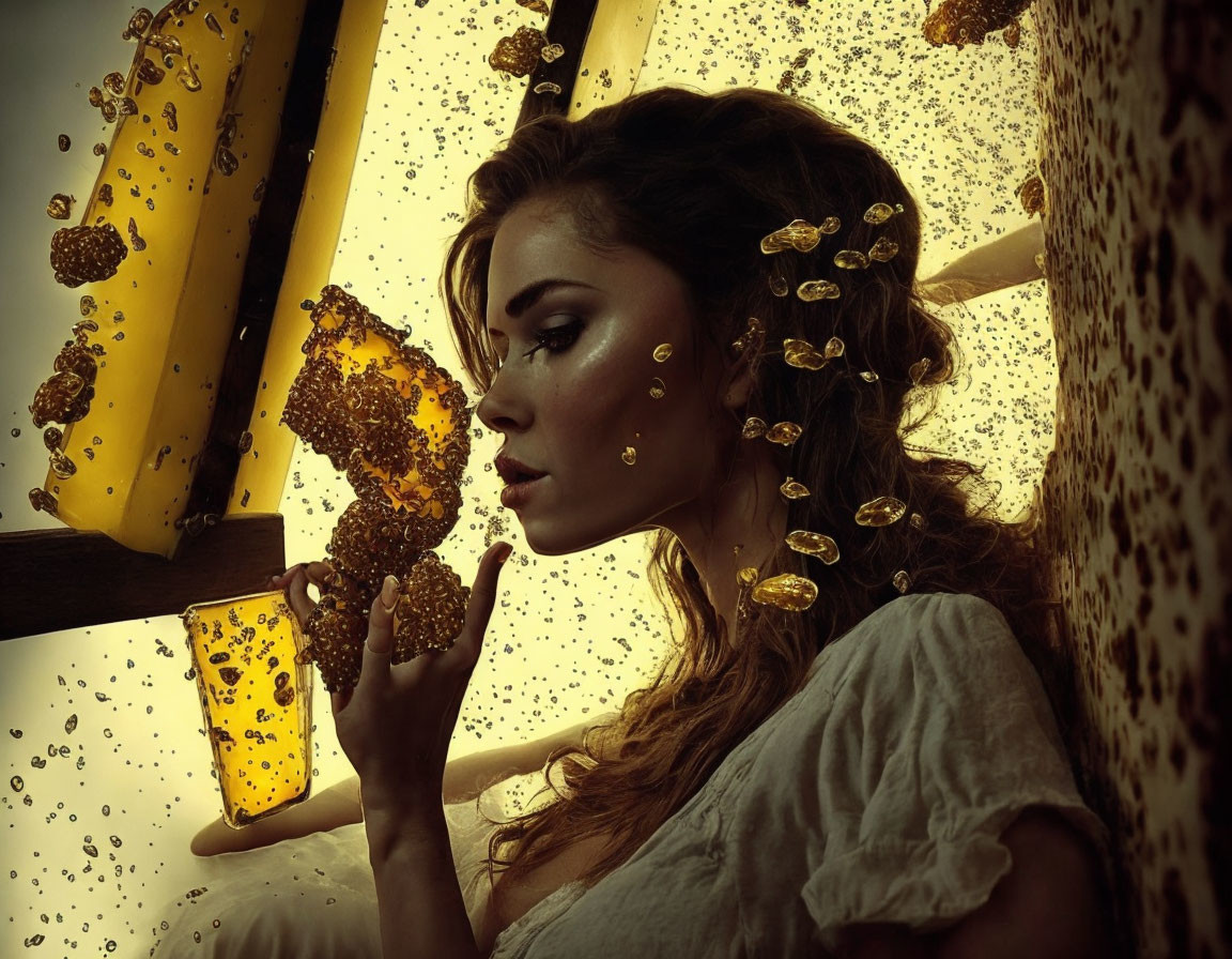 Woman with honey, bees, and honeycomb in golden setting.