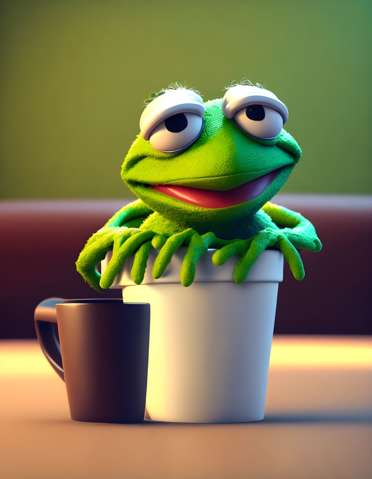 Smiling green frog character on white cup and dark mug table