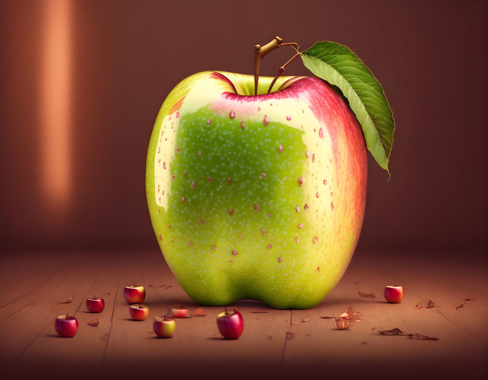 Ripe apple with dew on wooden surface and scattered pieces