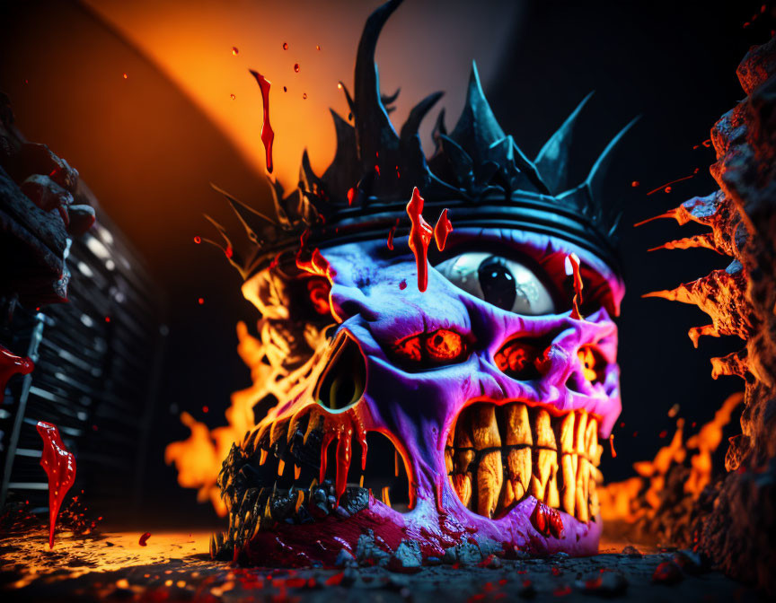 Skull with Crown and Glowing Eyes in Fiery Setting