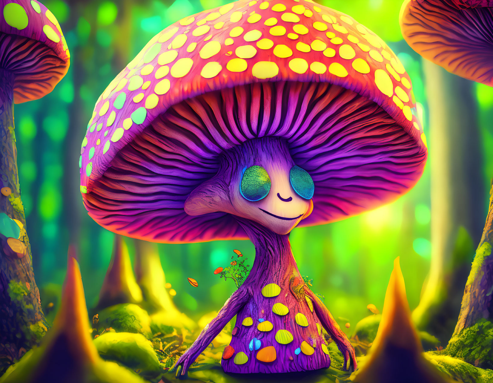 Anthropomorphic mushroom with large spotted cap in vibrant forest