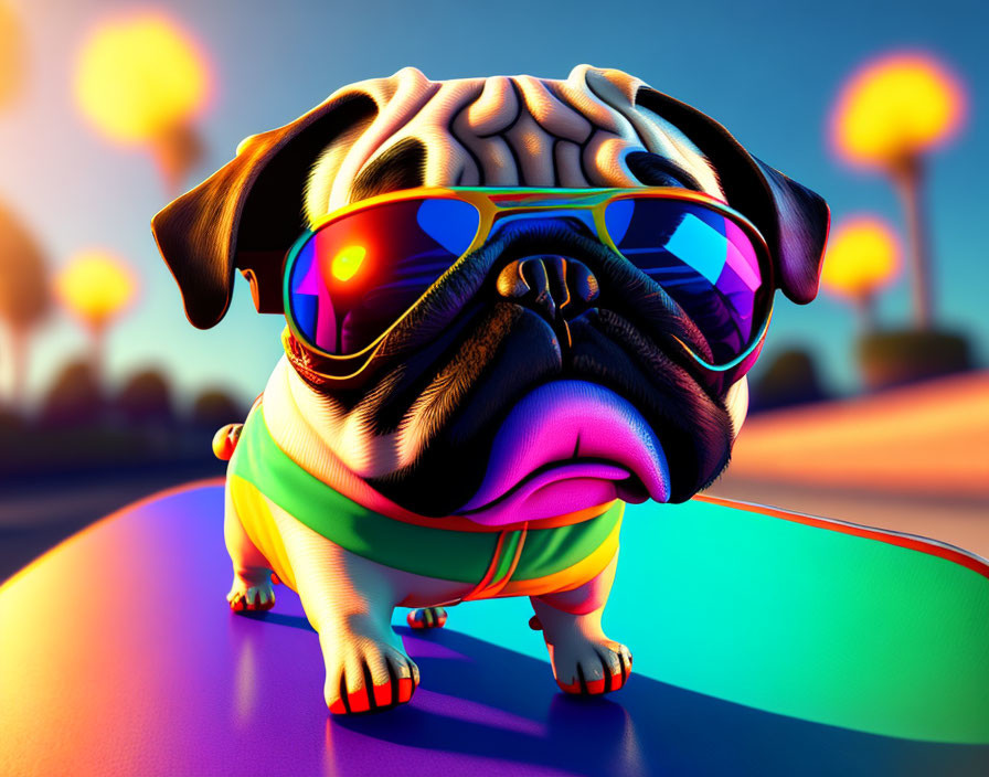 Colorful Stylized Pug with Sunglasses on Vibrant Pathway