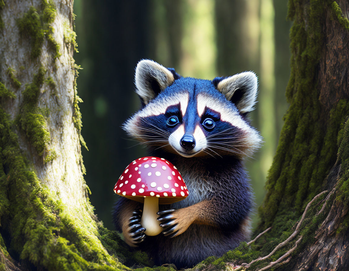 Raccoon peeking between tree trunks with red mushroom