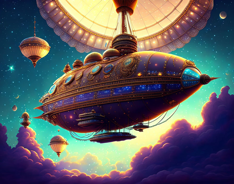 Steampunk airship with ornate details in starry twilight sky