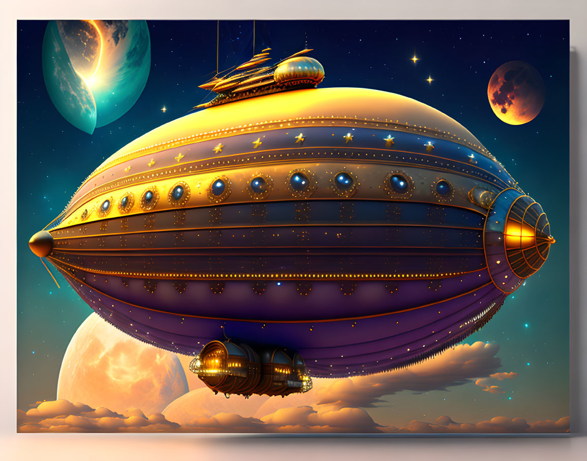 Steampunk airship with multiple decks in a sunset sky