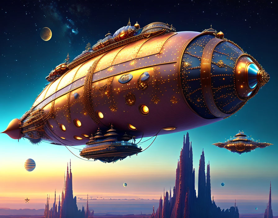 Steampunk-style airship amidst planets and alien spires