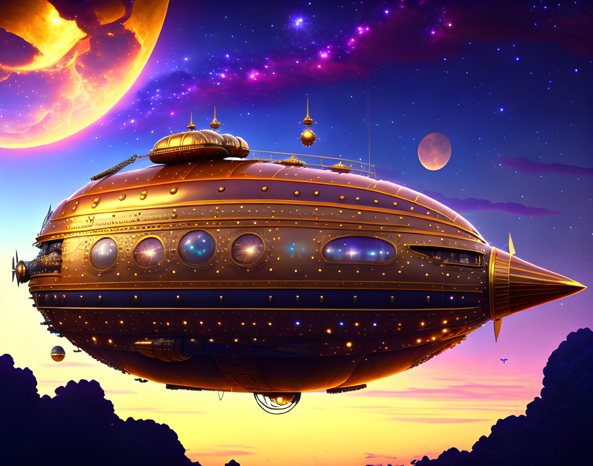 Steampunk airship in vibrant sky with moon and planets.