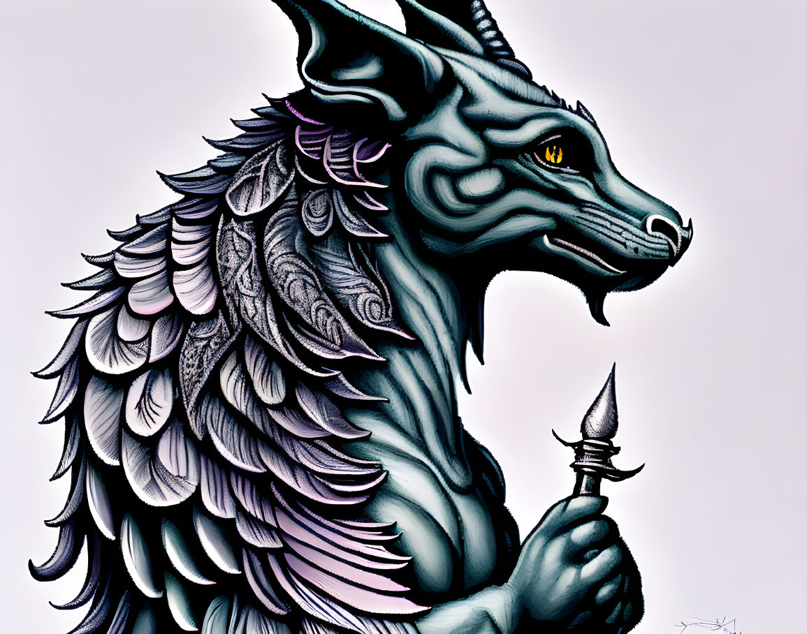 Detailed Blue and Gray Dragon Illustration with Spear on Pale Background