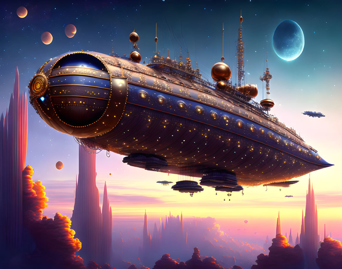 Steampunk airship in purple dusk sky with spires and planets