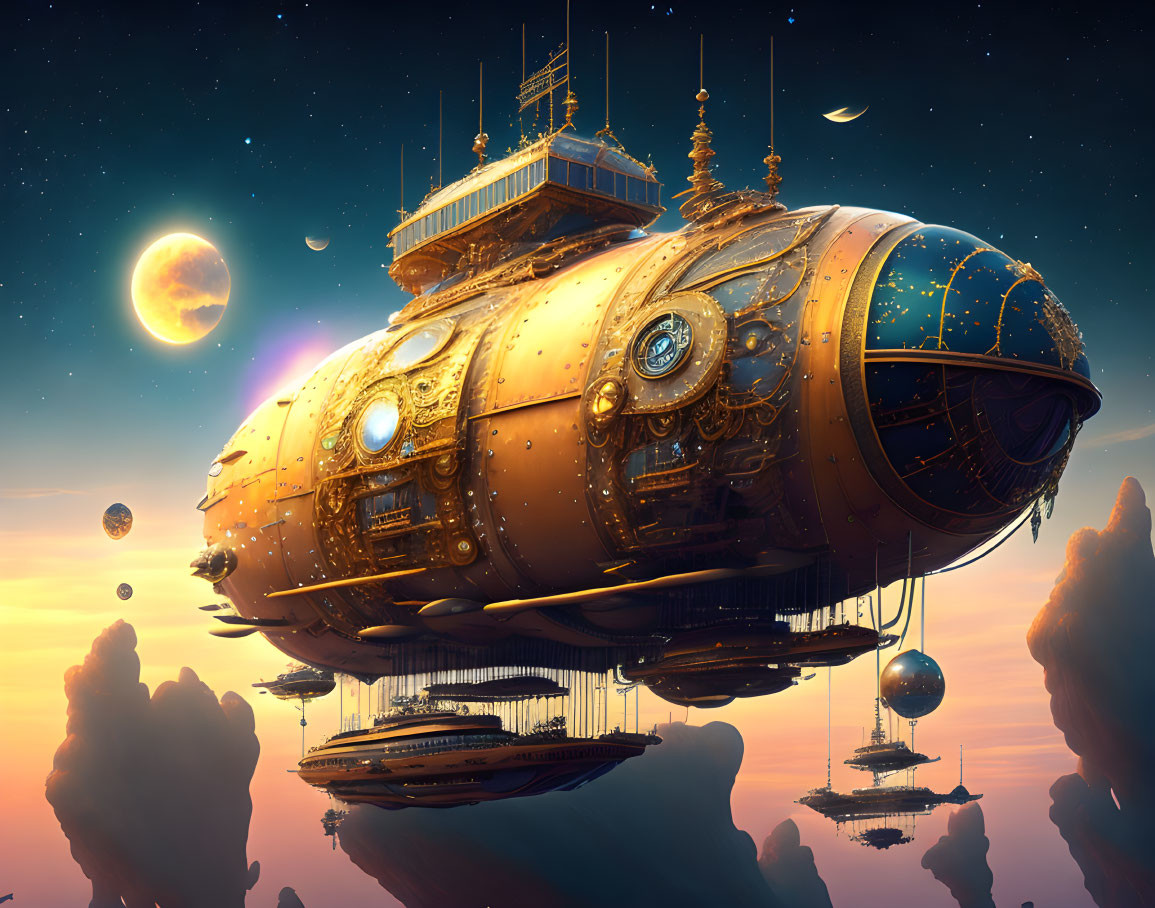 Steampunk-style airship in dreamy sky with floating islands and distant moon