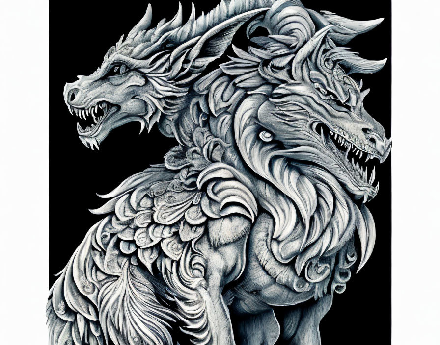 Detailed Black and White Illustration of Lion-Headed Dragon Creature