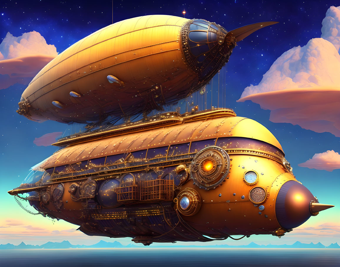 Steampunk airship in sunset sky with brass and copper tones