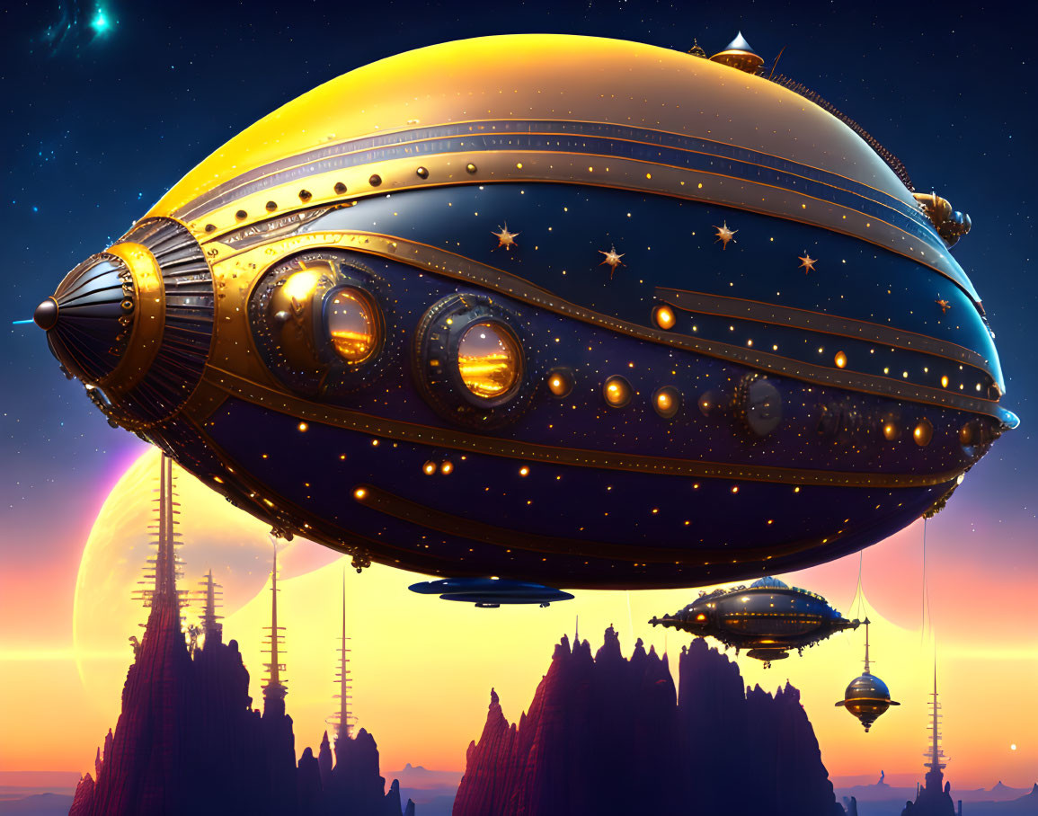 Futuristic airships above alien landscape at sunrise