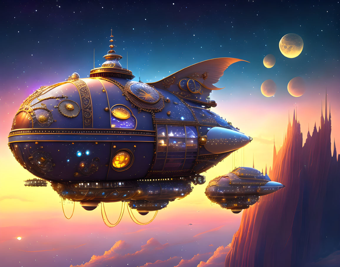 Steampunk airship among sunset clouds and celestial bodies