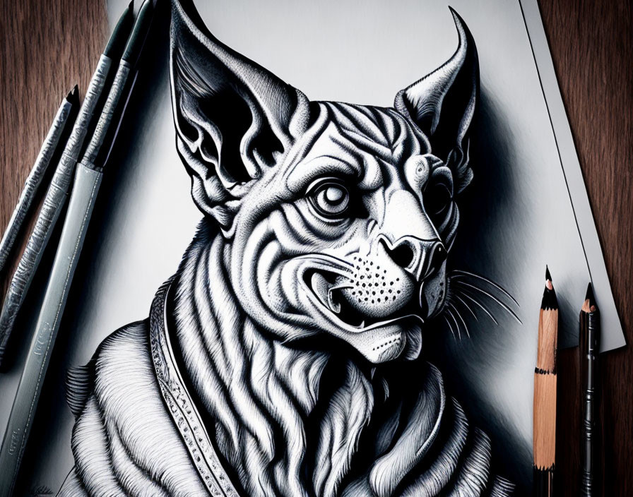 Monochrome hyper-realistic pencil drawing of stylized dog with intricate fur details