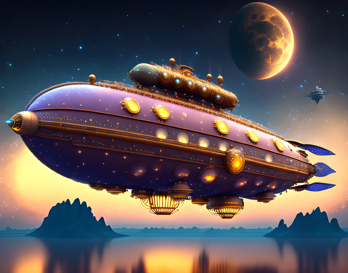 Retro-futuristic airship with golden details in twilight sky