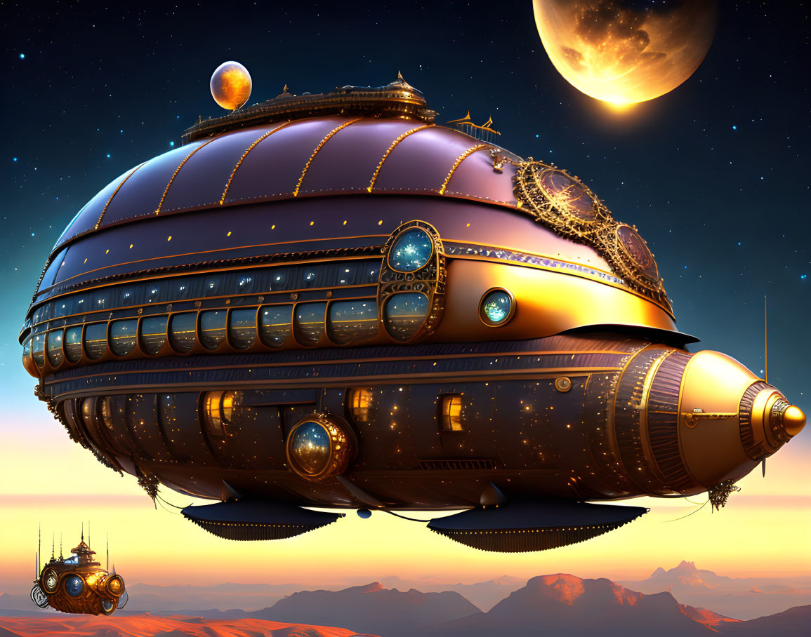 Steampunk-inspired airship in twilight sky over desert landscape