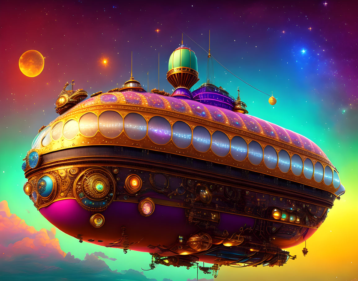 Colorful Airship with Glowing Orbs in Vibrant Sky