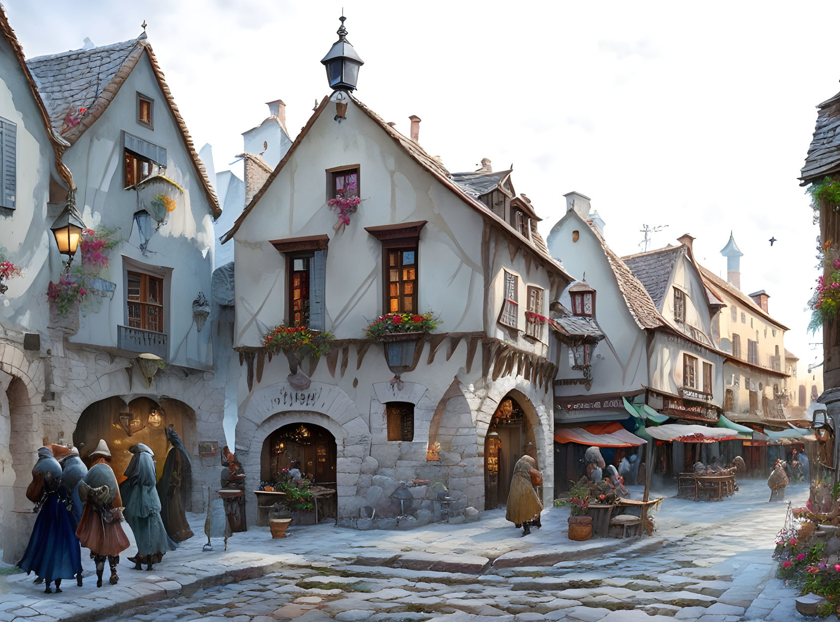 Charming European Village Scene with Cobblestones & Medieval Buildings