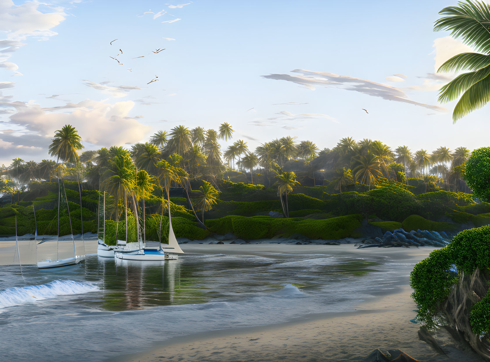 Tranquil beach scene with palm trees, yachts, and birds at sunrise