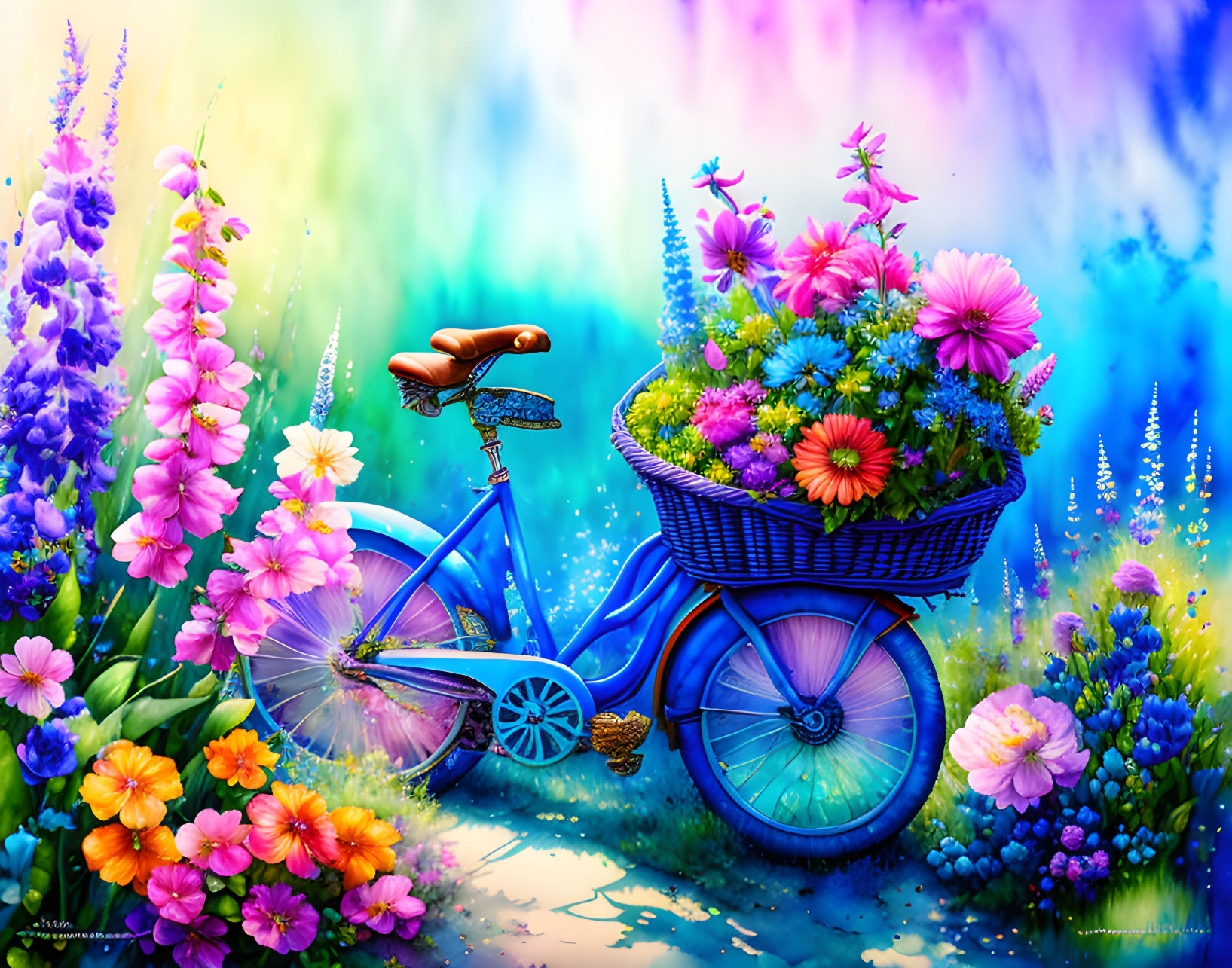 Colorful Floral Landscape with Blue Bicycle and Flowers Basket