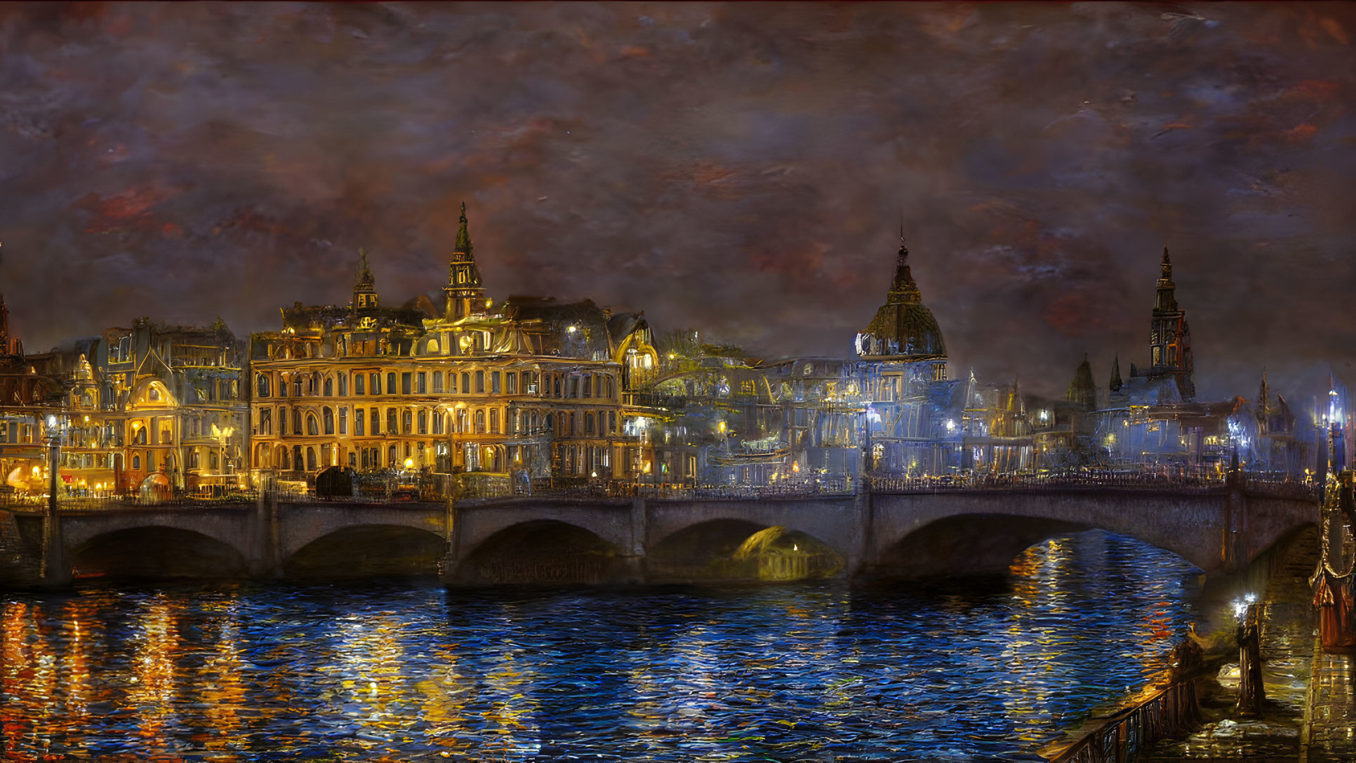 Historic buildings and illuminated bridge at twilight by the river